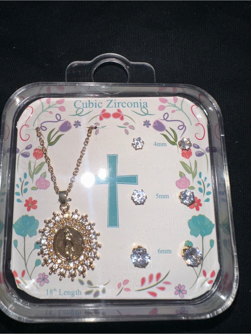 Sunburst Praying Hands Pendant Necklace & CZ Stud Set — Gold Tone, 18" Chain